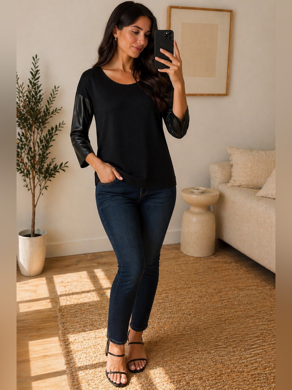 NWOT Kensie Black Faux Leather Sleeve Tunic Blouse Top Medium Oversized